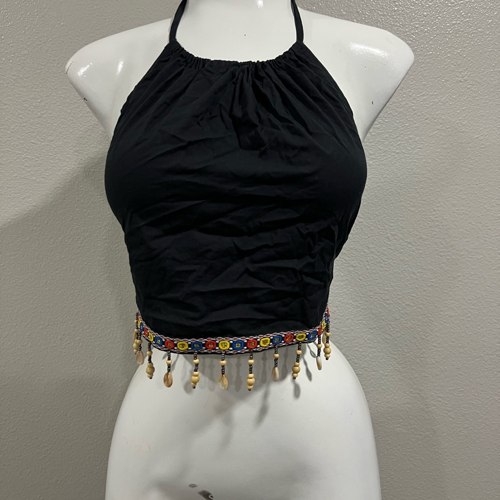 Black Halter Top with Beaded Trim